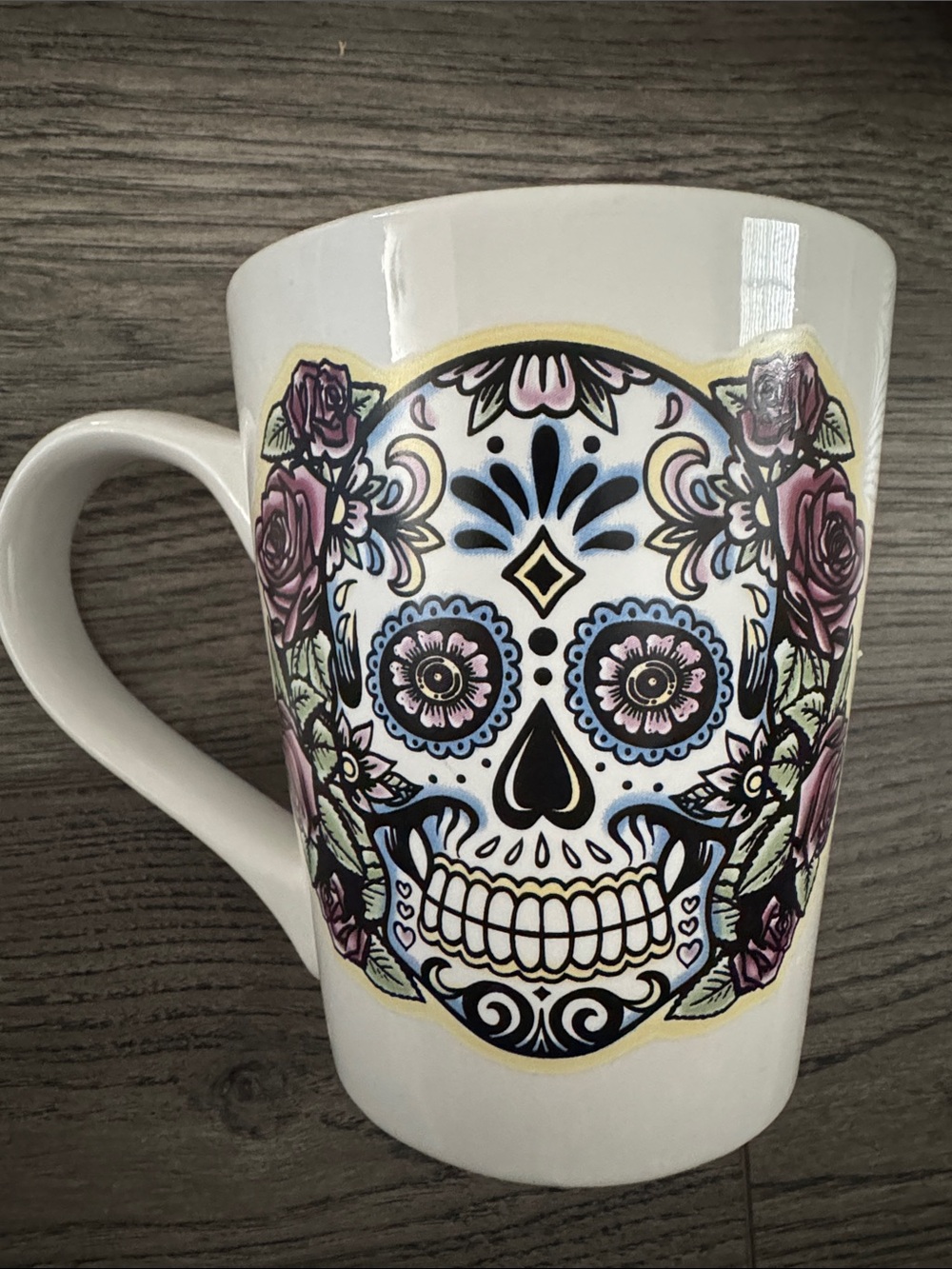 Floral Sugar Skull Ceramic Large Mug - White with Purple and Blue Accents